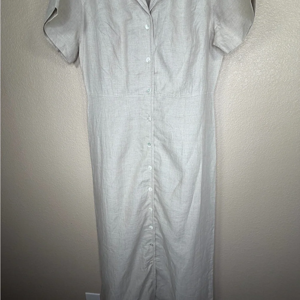 Eddie Bauer Beige 100% Linen Midi‎ Dress Button Front Short Sleeve